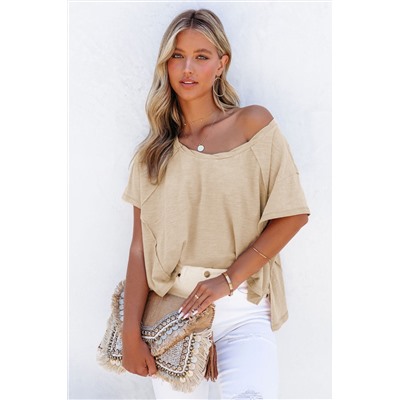 Apricot Solid Patched Side Slit T Shirt