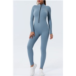 Sky Blue Zip High Neck Seamless Ribbed Yoga Jumpsuit