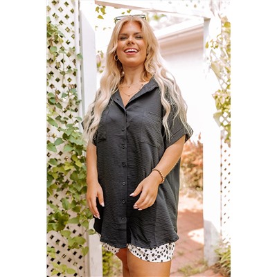 Black Plus Size Crinkle Textured Short Sleeve Shirt