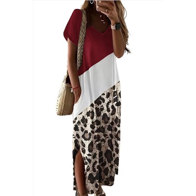 Бордовое леопардовое платье-футболка в стиле колорблок