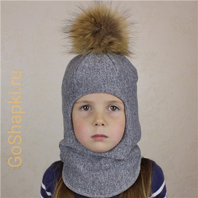 Шлем зимний утепленный из вязаного полотна с хлопковой подкладкой и помпоном "Серый"