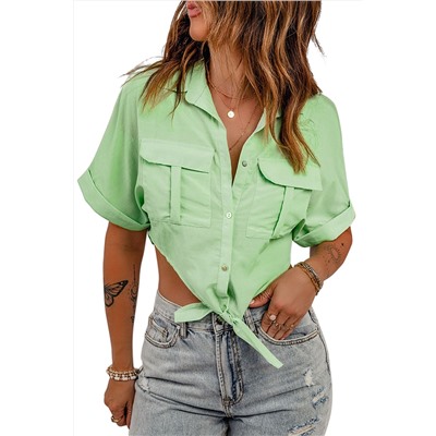 Зеленая укороченная рубашка с узлом и карманами
