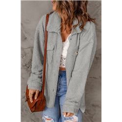 Gray Flap Pockets Button Front Teddy Coat