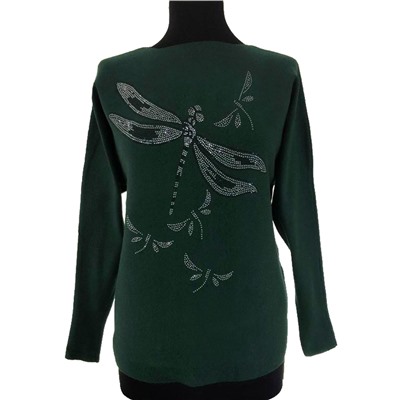 Размер единый 42-46. Мягкий женский свитер Freshness цвета зеленый опал с рисунком "Стрекоза".