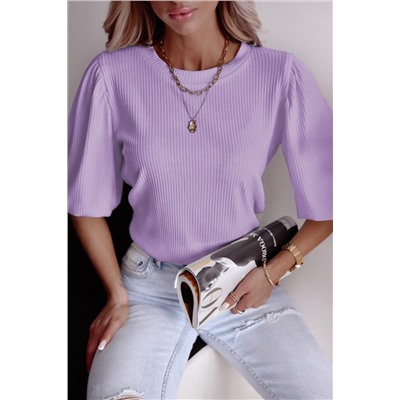 Purple Bubble Half Sleeves Ribbed Knit Top