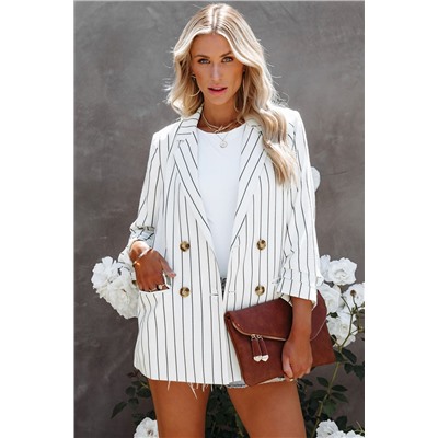 White Double Breasted Pocketed Striped Blazer