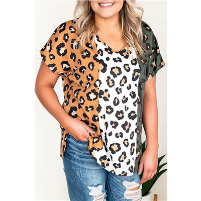 Yellow Plus Size Leopard Print Contrast T-Shirt