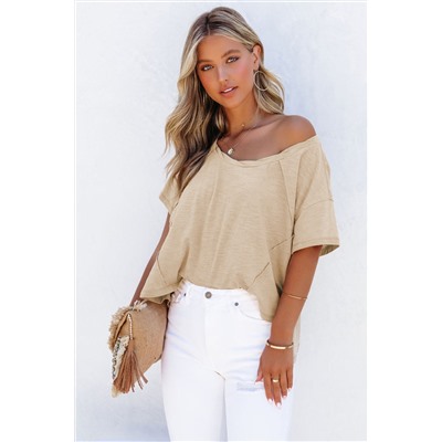 Apricot Solid Patched Side Slit T Shirt