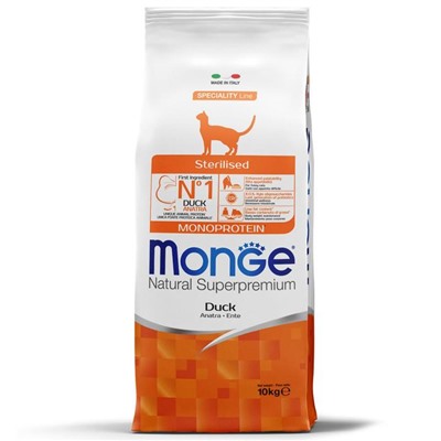 Сухой корм Monge Cat Speciality Line Monoprotein Sterilised для кошек, утка, 10 кг