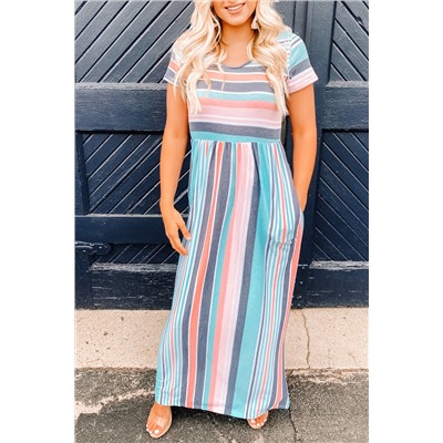 Разноцветное полосатое длинное платье-футболка с карманами