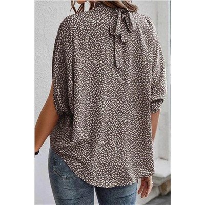 Leopard Dotty Print Knotted Dolman Sleeve Mock Neck Blouse