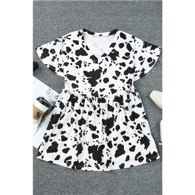 White Cow Spots Print V Neck Ruffled Casual Blouse