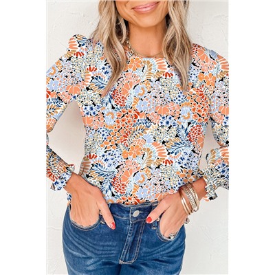 Sky Blue Puff Sleeve Floral Blouse