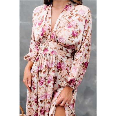Розовое платье-макси с глубоким V-образным вырезом и высокой присборенной талией с цветочным принтом