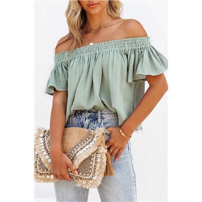 Green Off Shoulder Textured Ruched Ruffle Blouse