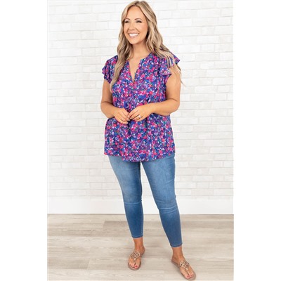 Purple Plus Size Floral Print Ruffle Sleeve Blouse