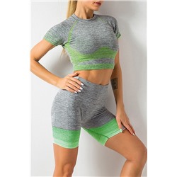 Green Striped Gradient Color Print Cropped High Waist Sports Wear