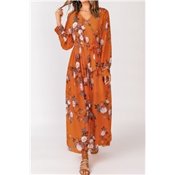 Оранжевое платье макси с запахом и завязкой на талии с цветочным принтом