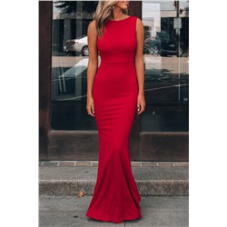 Красное платье в пол с открытой спиной, воланом и бантом сзади