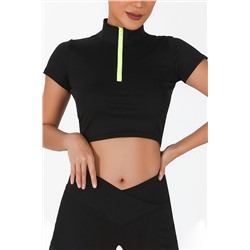 Black Half Zipper Short Sleeve Active Crop Top