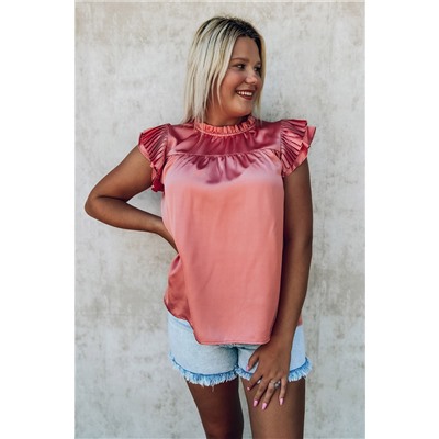 Pink Satin Fringed Ruffle Sleeve Mock Neck Blouse