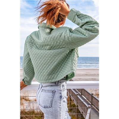 Green Quilted Pocketed Zip-up Cropped Jacket