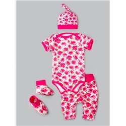 Комплект нательный для малышей, розочки, боди + штаны + шапка + пинетки, розовый