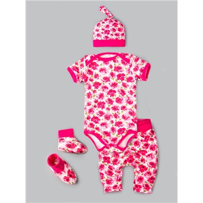 Комплект нательный для малышей, розочки, боди + штаны + шапка + пинетки, розовый
