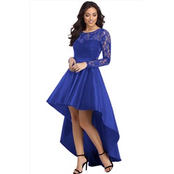 Синее вечернее платье с кружевным верхом и удлиненной сзади юбкой со шлейфом