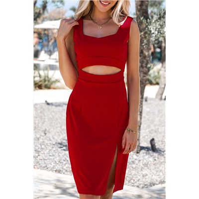 Красное платье-миди с вырезом на талии и боковым разрезом