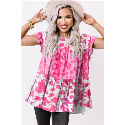 Pink Leopard Cow Spots Tiered Ruffle Blouse