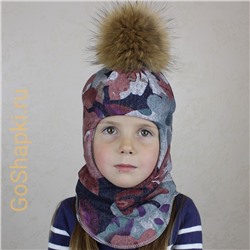Шлем зимний утепленный из вязаного полотна с хлопковой подкладкой и помпоном "Цветы"