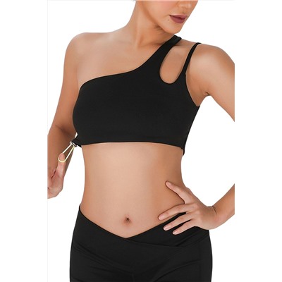 Black Cut Out One Shoulder Cropped Sports Bra