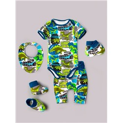 Комплект нательный для малышей, динозавры, боди + пинетки + штаны + царапки + нагрудник, зеленый