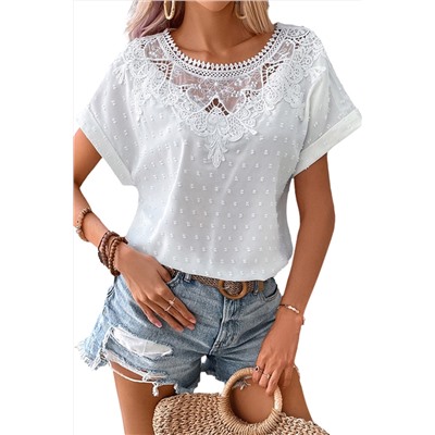 White Lace Swiss Dot Cuffed Sleeves Top