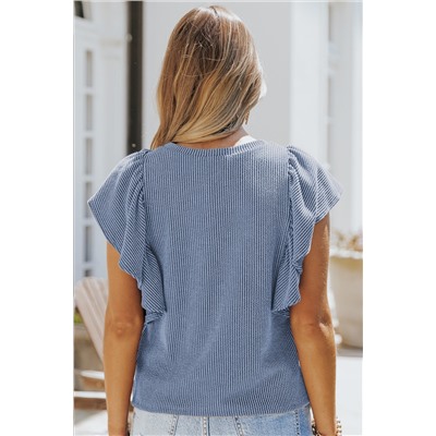 Sky Blue Ribbed Knit Ruffled Short Sleeve T Shirt