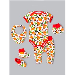 Комплект нательный для малышей, лисички, боди + нагрудник + царапки + штаны + пинетки, оранжевый
