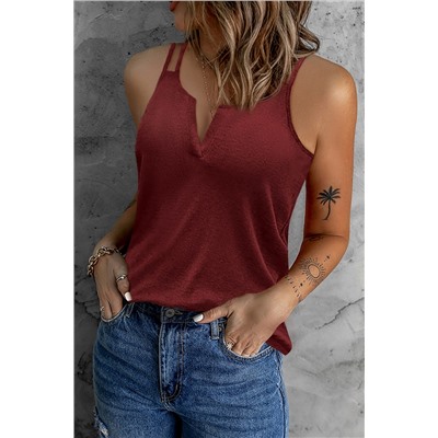Red Dual Straps Notched Neck Knit Tank Top