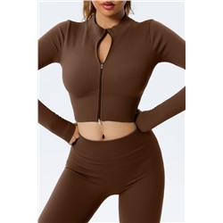 Brown Full Zipper Ribbed Seamless Long Sleeve Yoga Top