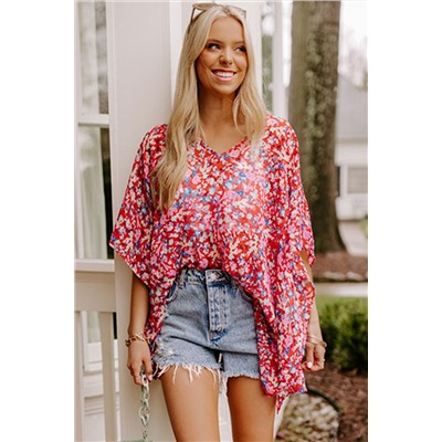 Red Abstract Floral Print Oversize Tunic Top