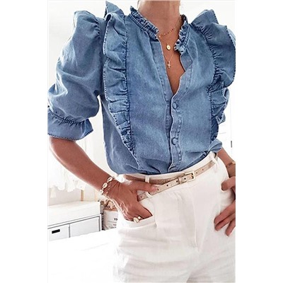 Sky Blue Ruffle Trim Half Sleeve Denim Shirt