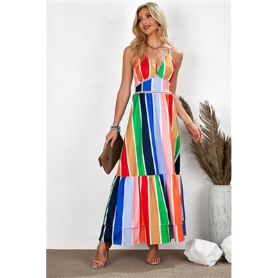 Разноцветное полосатое многоярусное платье с вышивкой