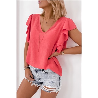 V Neck Ruffle Sleeve Loose Top