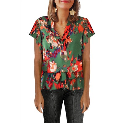Green Abstract Print Notch V Neck Belted Blouse