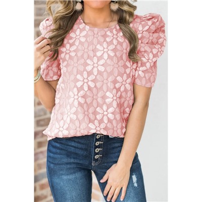 Pink Floral Lace Ruched Bubble Sleeve Top