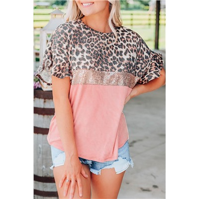 Розовая леопардовая футболка с пайетками