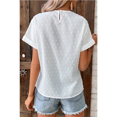 White Lace Swiss Dot Cuffed Sleeves Top