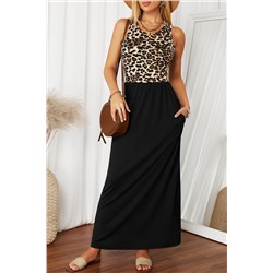 Черное платье-майка с леопардовым принтом и карманами