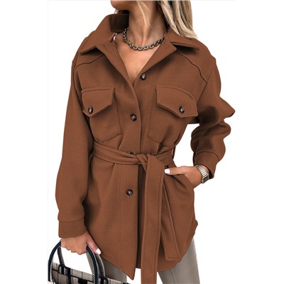 Brown Lapel Button-Down Coat with Chest Pockets