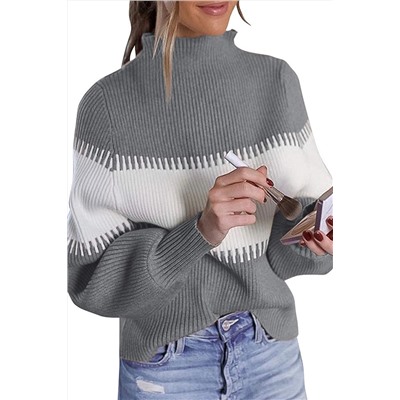 Серо-белый свитер-водолазка с пышными рукавами